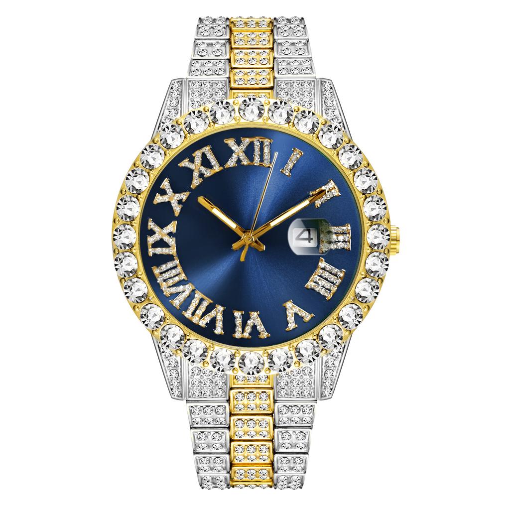 MISSFOX Iced Out Quartz Watch for Men Hip Hop Fashion Cool Bling Bling Diamond Luxury Watches Mens Stainless Steel Waterproof Luminous Wristwatch