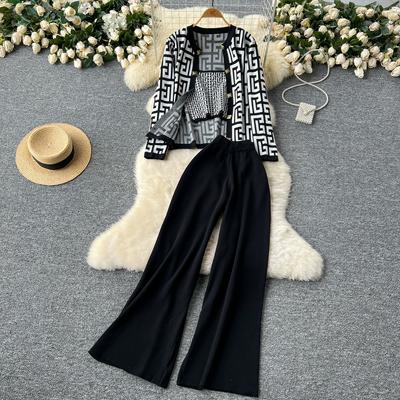 Sonbahar Kış Vintage Tasarımcı Baskılı Örme Kazak Pantolon 3 Parça Set Kadın Eşofman Uzun Kollu Hırka Yelek Bilek Uzunluğu Pantolon Kıyafetler
