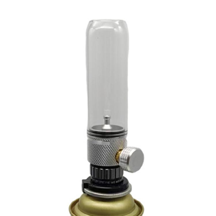 Aluminiowa lampa gazowa o wydłużonym czasie palenia, metaliczna faktura, dla entuzjastów biwakowania na odludziu i aktywności na świeżym powietrzu