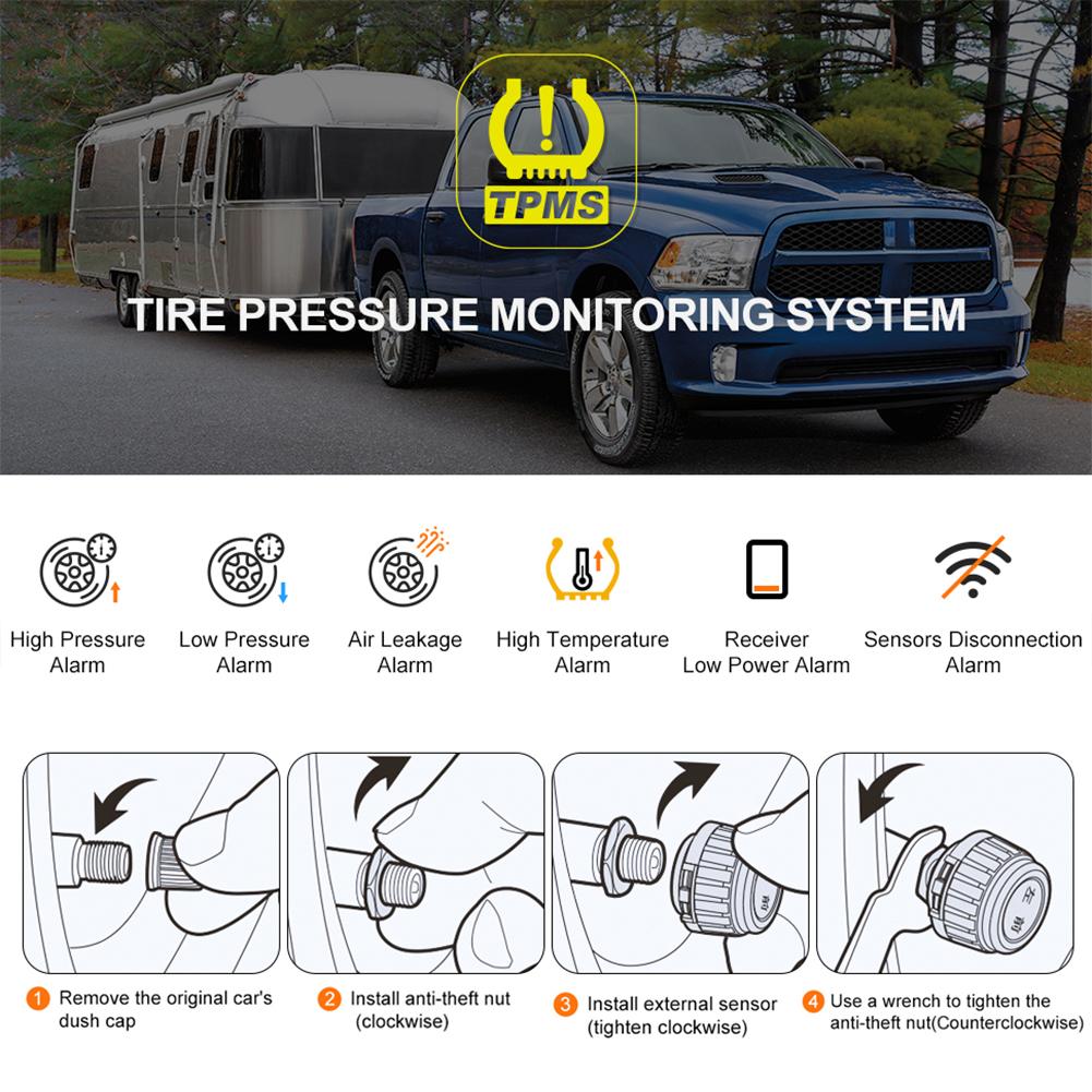 Tire Pressure Monitoring System with 4 Sensors USB/Solar TPMS Tyre Temperature Monitor for Car SUV Sedan