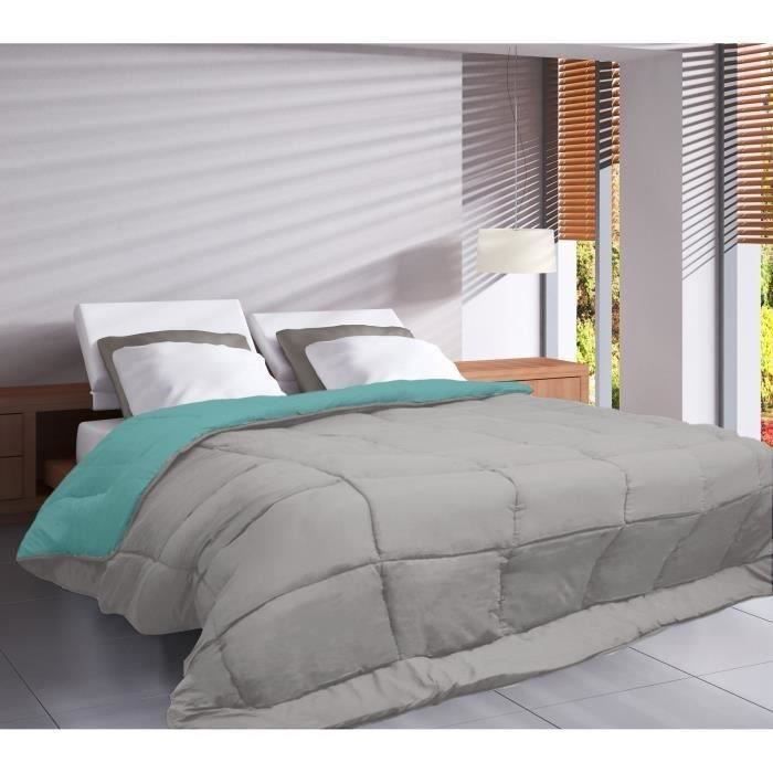 POYET MOTTE Microfiber Duvet 400g/m² CALGARY - 220 X 240 Cm - Pebble Beige and Lake Green