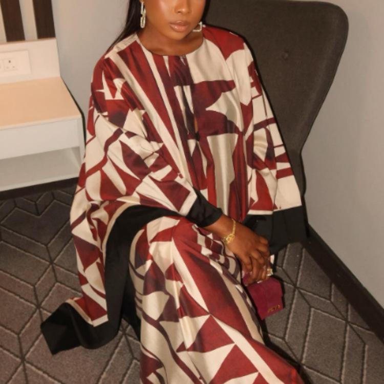 

Women s Long Sleeve Flamingo Print Maxi Dress with Black Trim, Casual Boho Style XXL червоний