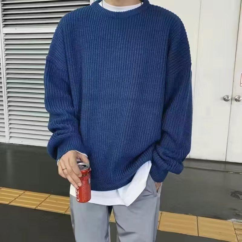 Men S Solid Color Round Neck Loose Long Sleeve Casual Knit Sweater