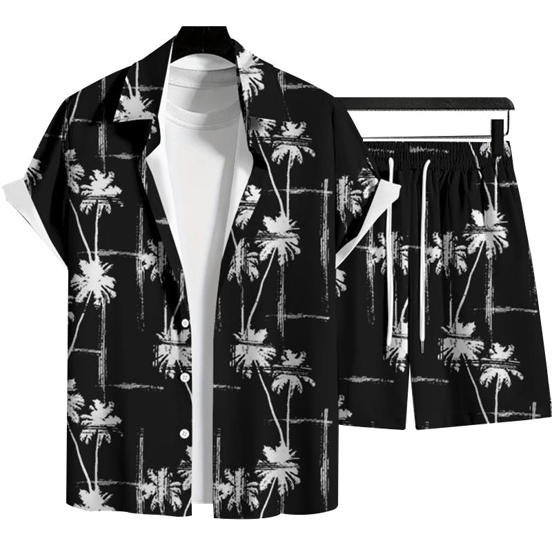 Modisches Herren Sommer Urlaubsstil Hawaiianische Kokosnuss Strand Aufdruck Lässiger Komfort Kurzarmhemd Strandshorts 2-teiliges Set