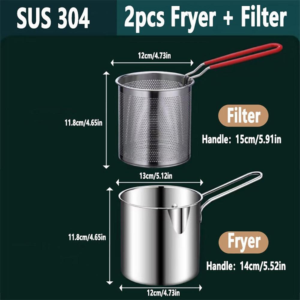 1Set with Strainer Deep Fryer Pot 304 Stainless Steel Universal Fryer Pan Basket Oil-saving 1.2L Kitchen Pot
