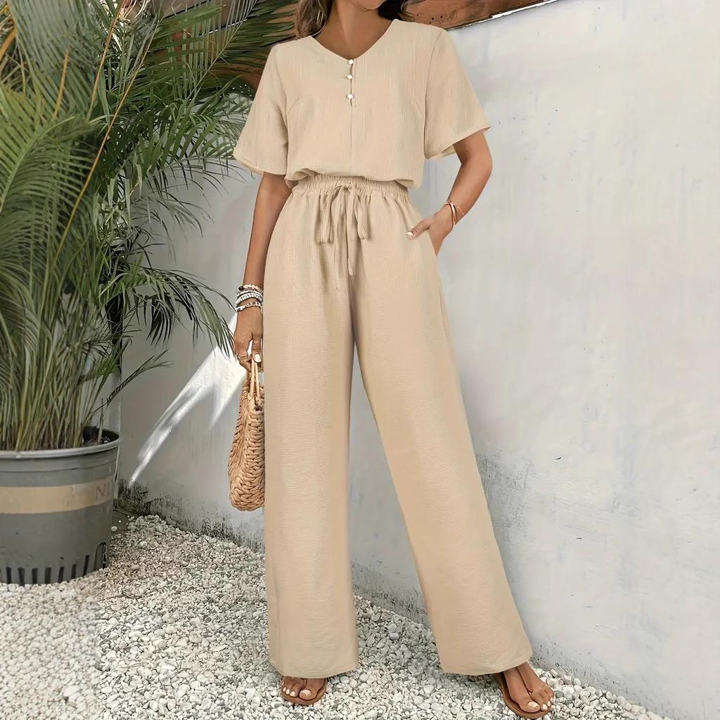 Fashionable V-neck Pullover, Stylish and Slimming Short-sleeved Top, Casual Long Pants Set