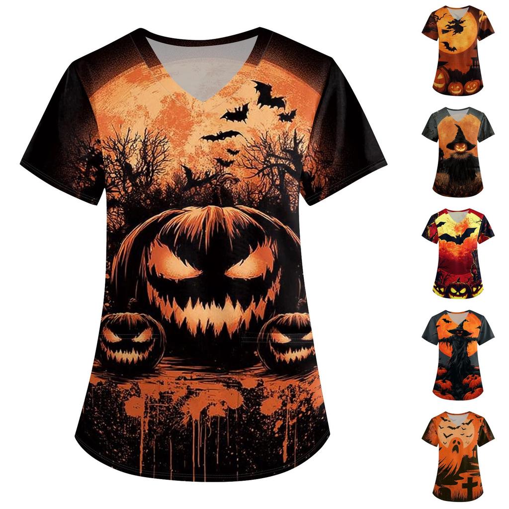 Women's Halloween Print Short Sleeve V-Neck Scrub Top with Pockets Loose Fit