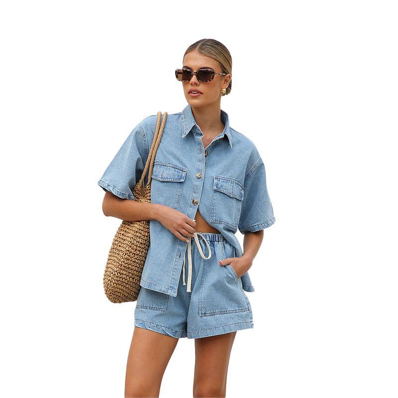 Cross-Border 2025 Summer European and American Foreign Trade Women Clothes Casual Loose Pocket Short Sleeve Shirt Shorts Denim Two-piece Suit