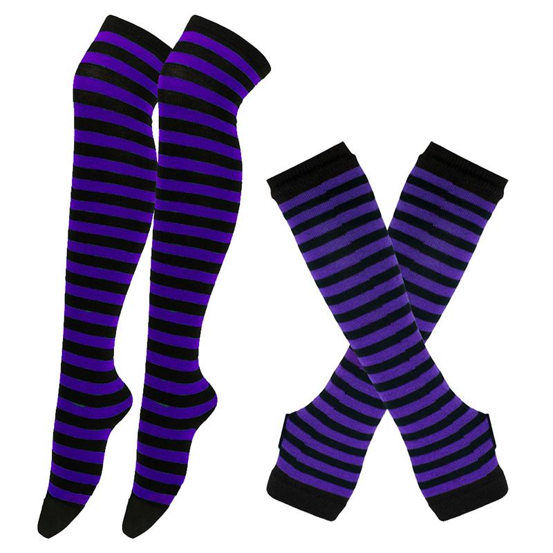 Y2K Women Girls Over Knee Long Stripe Printed Thigh High Cotton Socks Arm Sleeve Gloves 1 Set Overknee Socks Long Gloves 2024