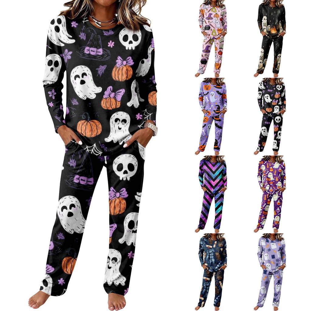Set Pigiama Casual da Donna con Manica Lunga, Girocollo e Coulisse sui Pantaloni a Gamba Larga per Dormire e