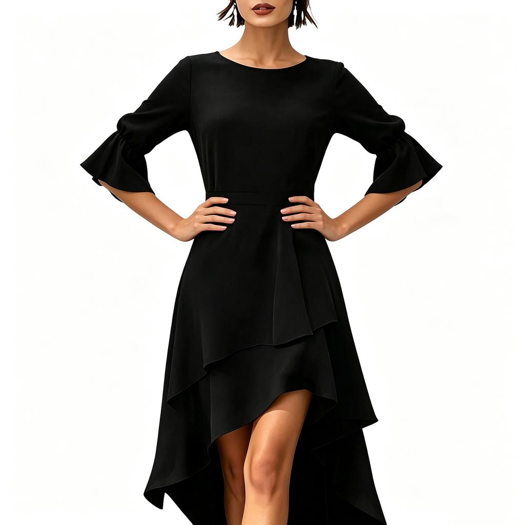Women's Three-Quarter Sleeve Ruffle Hem Irregular Party Dress