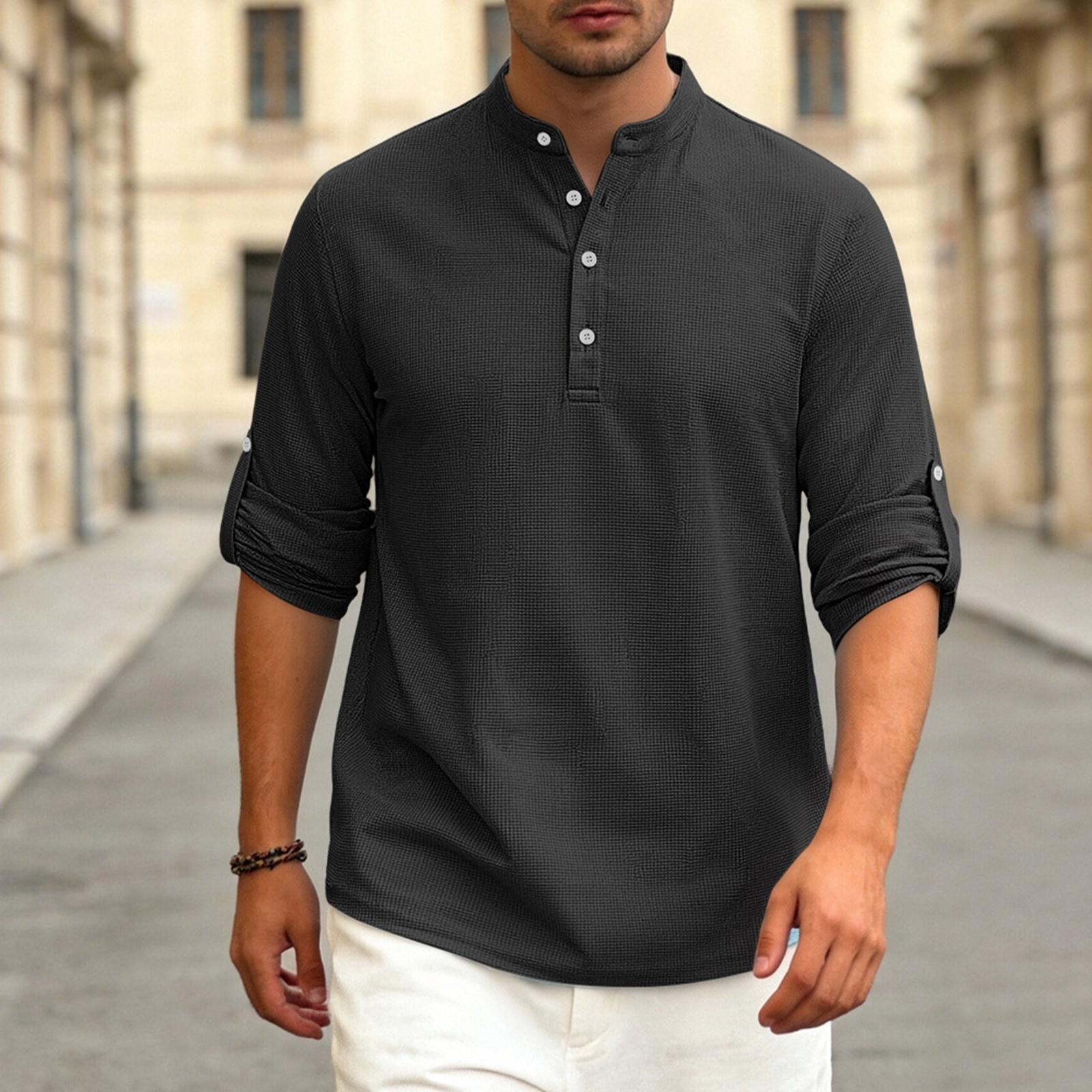 

Men s Long Sleeve Shirt Casual Breathable Button Collar Plaid Shirt L чёрный