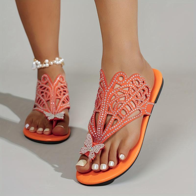 Women's Ethnic Butterfly Slip-On Sandals: butterfly, split-toe, cushioned sole, all-season. For casual outings, parties, beach.