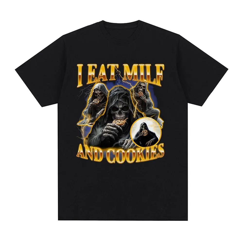 

I Eat Milf and Cookies Skeleton Funny Meme Graphic T Shirts Men Women Casual Cotton T-shirt Fashion Short Sleeve Summer Tops S чёрный