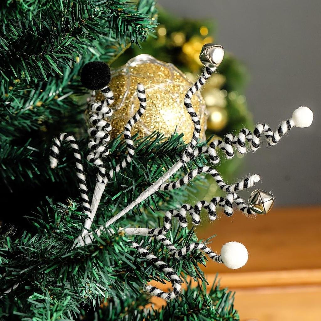 4PC Set Black/White Christmas Tree Decorations Picks Woolen Candy Curly Pick, Christmas Bells Picks Christmas Tree Decorations Home Office Vase Party
