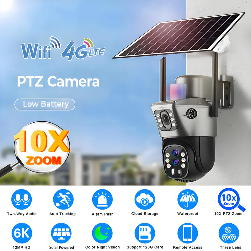 LS VISION 12MP Solar Camera 4G Sim Card Outdoor Surveillance 6K Three Lens 10x Zoom Wireless Cctv PTZ IP66 Security Solar Powered Cam