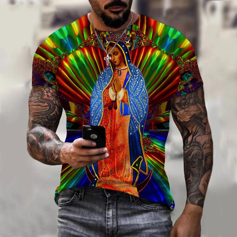 Summer Round Neck 3D Guadalupe Virgin Mary Catholic Print Top Fashionable Casual Short Sleeved Men's T-shirts