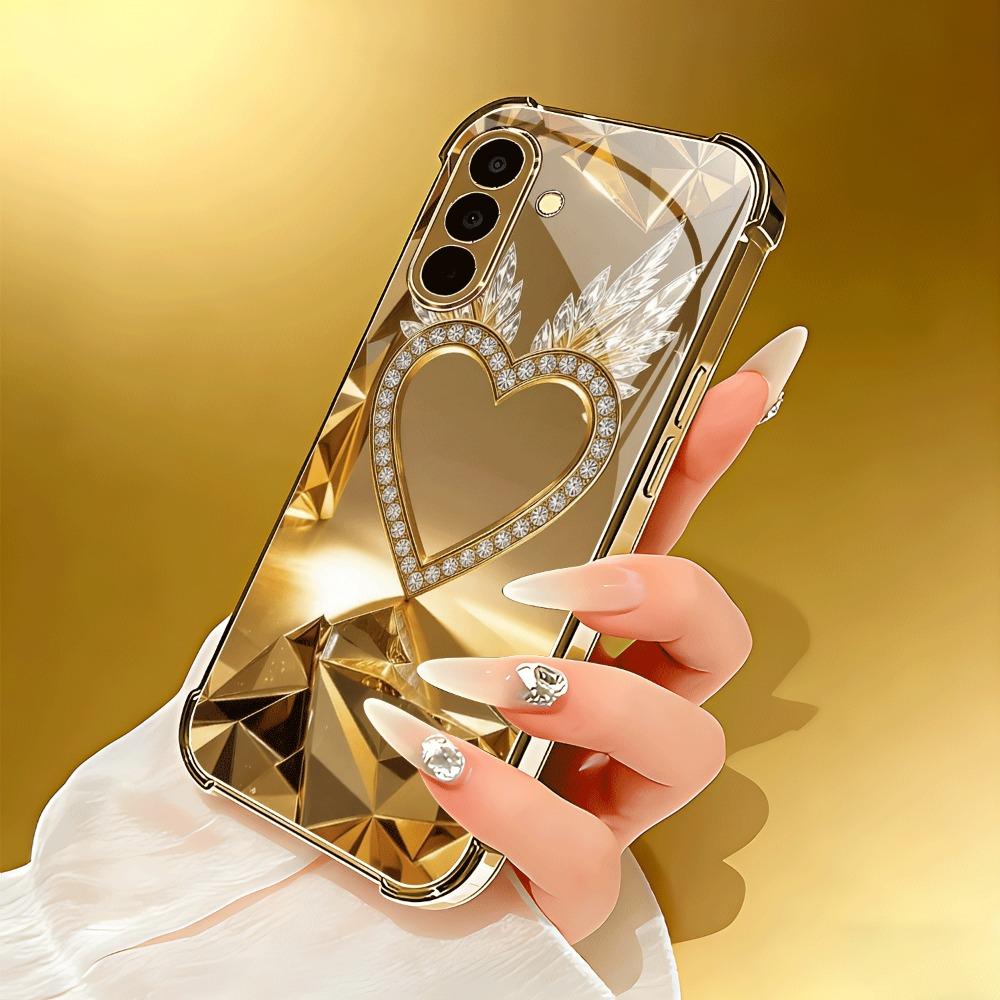 Skleněné pouzdro na telefon se vzorem zlatého křídla ve tvaru srdce vhodné pro Samsung Galaxy S26 S25 S24 S22 S21 S20 FE/Ultra/Plus proti pádu