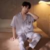 Pajamas men's satin ice silk summer short sleeves solid color simple high-end simulation silk men's loungewear set large size
