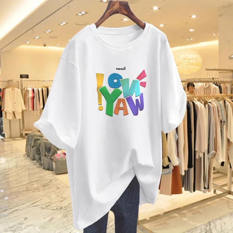 

New printed short-sleeved t-shirt women s summer loose white plus size top S