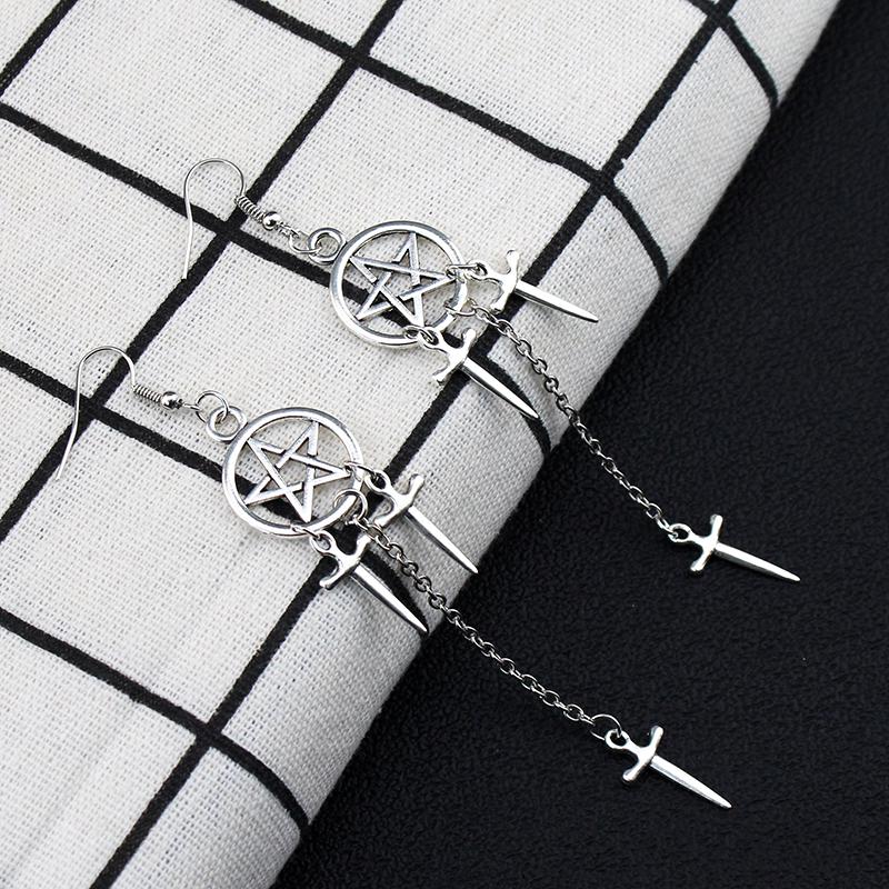 Pentagram Sword Earrings Silver Plated Hug Hoop Pendant Witch Jewelry Pagan Wikentaro Gothic Emo Women's Gift