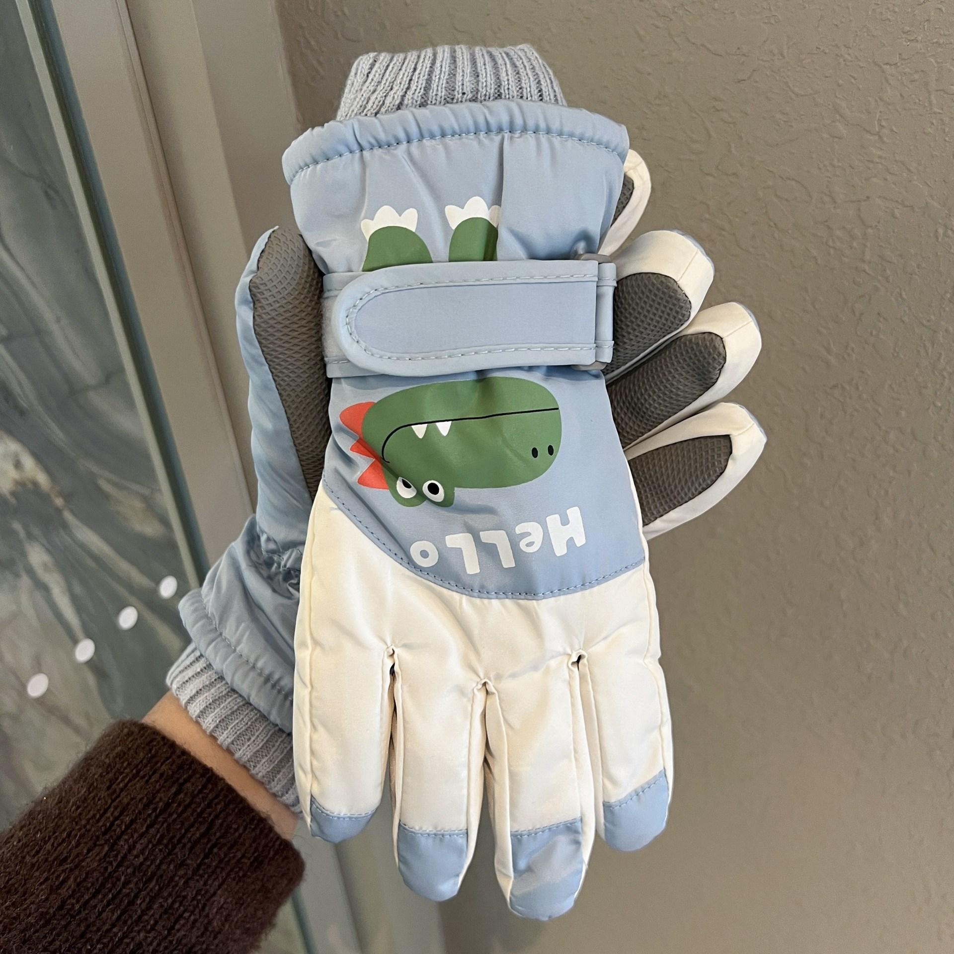 

Children s ski gloves winter warm velvet thickened cute little dinosaur boys and girls waterproof and windproof five-finger riding one size fits all синій
