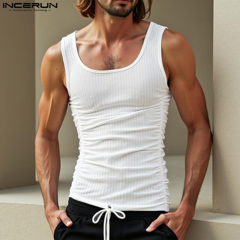 

INCERUN Men Sleeveless Side Drawstring Casual Ruffled Fitted Rib Tank Tops S чорний