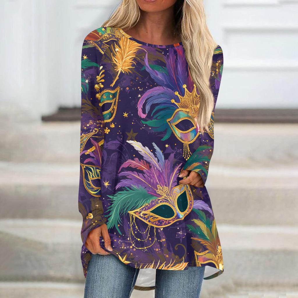 Women's Fashionable Round Neck Raglan Long Sleeved Carnival Printed Casual Pullover Top