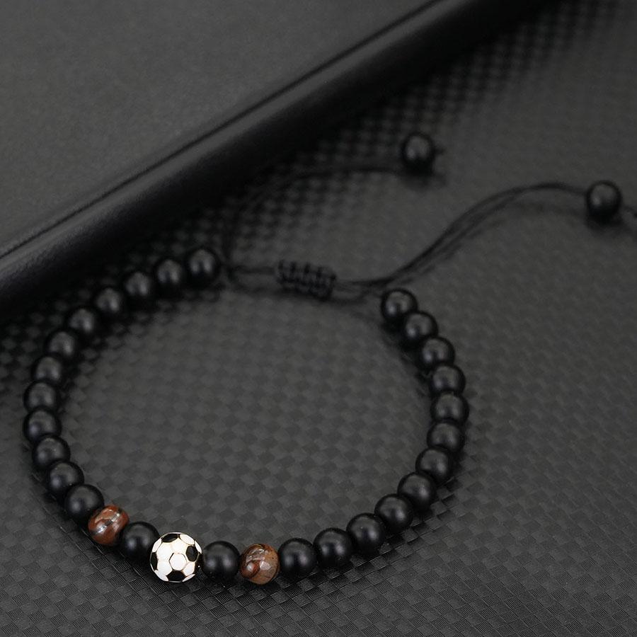 Handgeflochtenes Fußballarmband für Herren, verstellbar, schwarze 6mm Onyx-Steinperlen, Armband für Sportbegeisterte, Fußballarmband, Pulseria