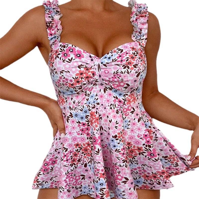 2025 European & American Women's Printed Sling Swimsuit Skirted Bikini Set, Beachwear Hot Spring Two-Piece.