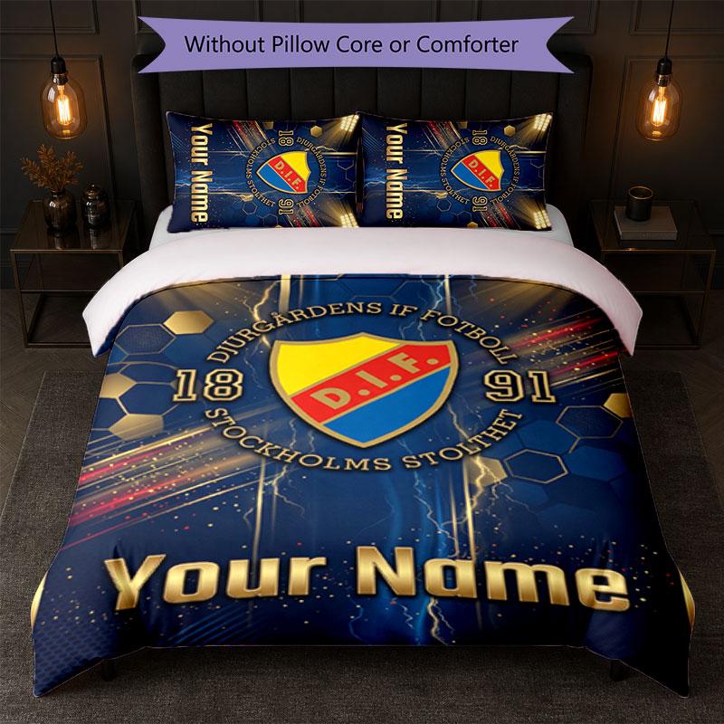 Djurgårdens IF Custom Name Text Bedding Set 1 Duvet Cover+2 Pillowcases Soccer Logo Personalized Gift For Special Occasion Bedroom Decor
