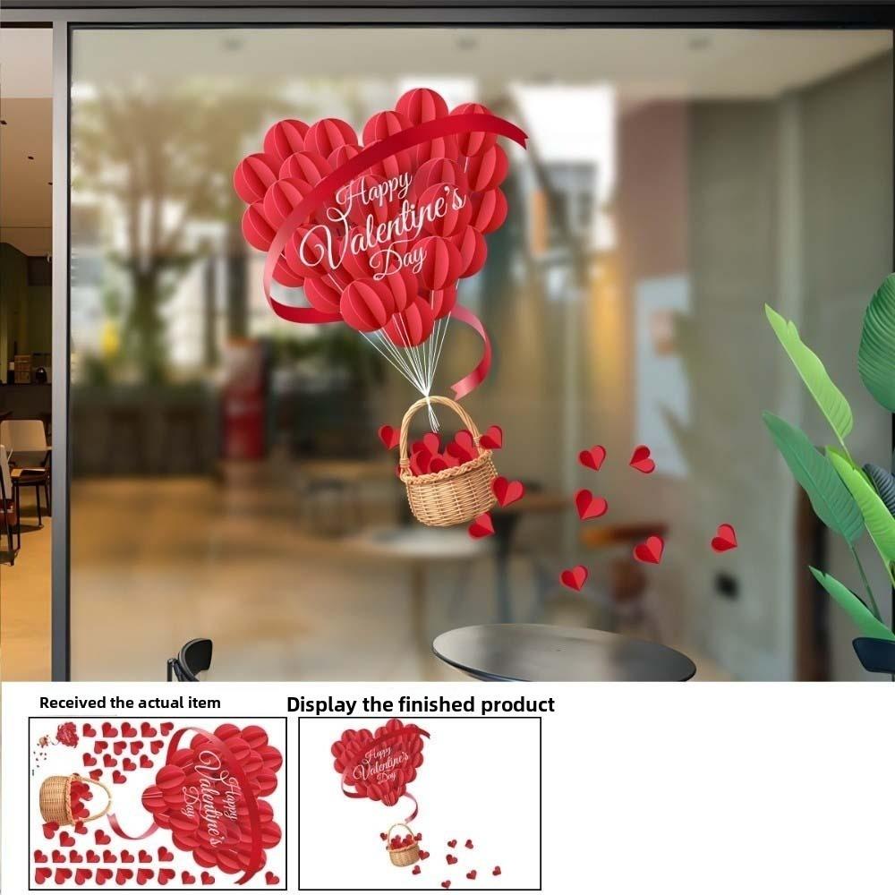 PVC Valentine's Day Window Stickers Love Heart Balloon Shape Pink Red Flower Rose Love Heart Window Decals DIY Waterproof