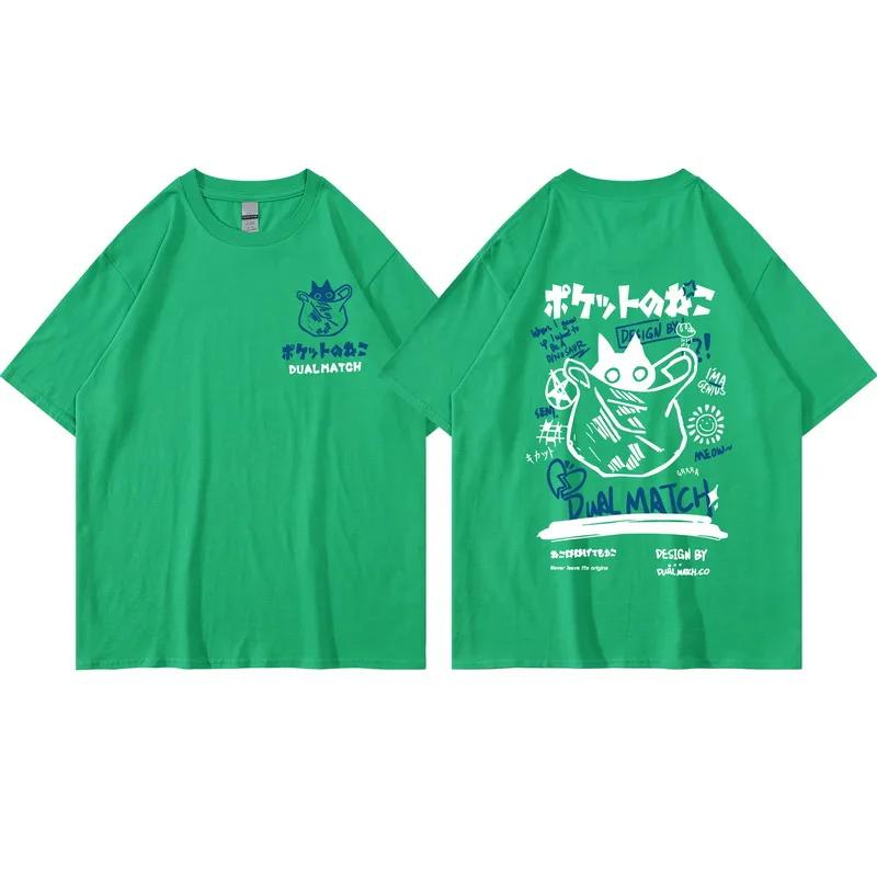 2022 Hip Hop T-Shirt Streetwear Japanese Kanji Funny Cat Print T Shirt Harajuku Cotton Casual Short Sleeve Tshirt Tops