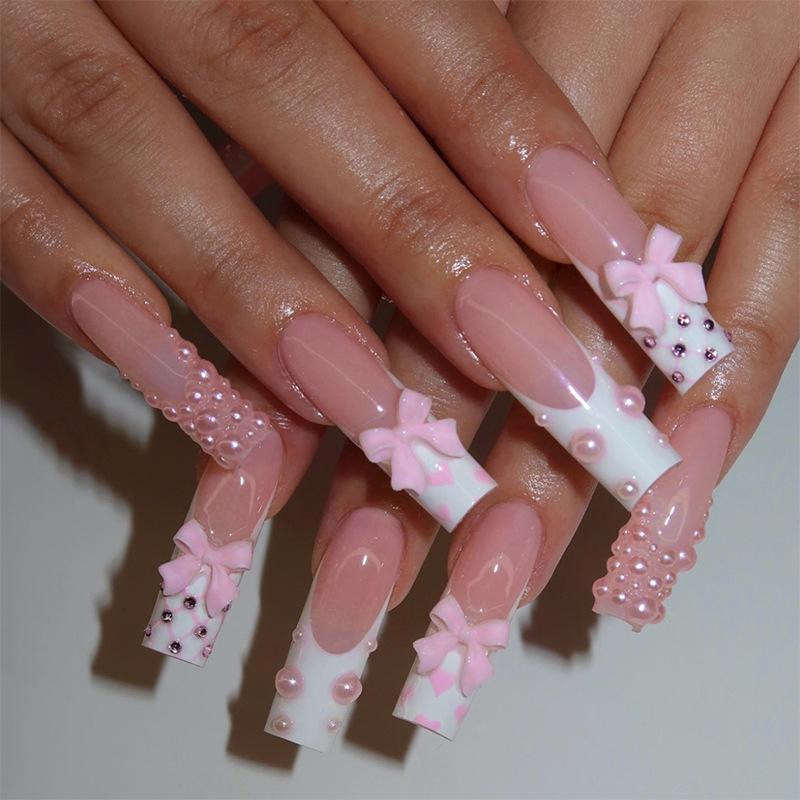 24Pcs Long French Fake Nails with Glue Ballet False Nails Butterfly Rhinestone Design Press On Nails Wearable Coffin Nail Tips