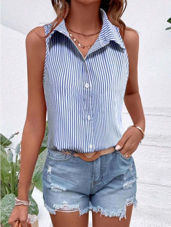 Women Striped Sleeveless Shirt Collar Tank Top Button Down Casual Slim Fit Summer Blouse S синий
