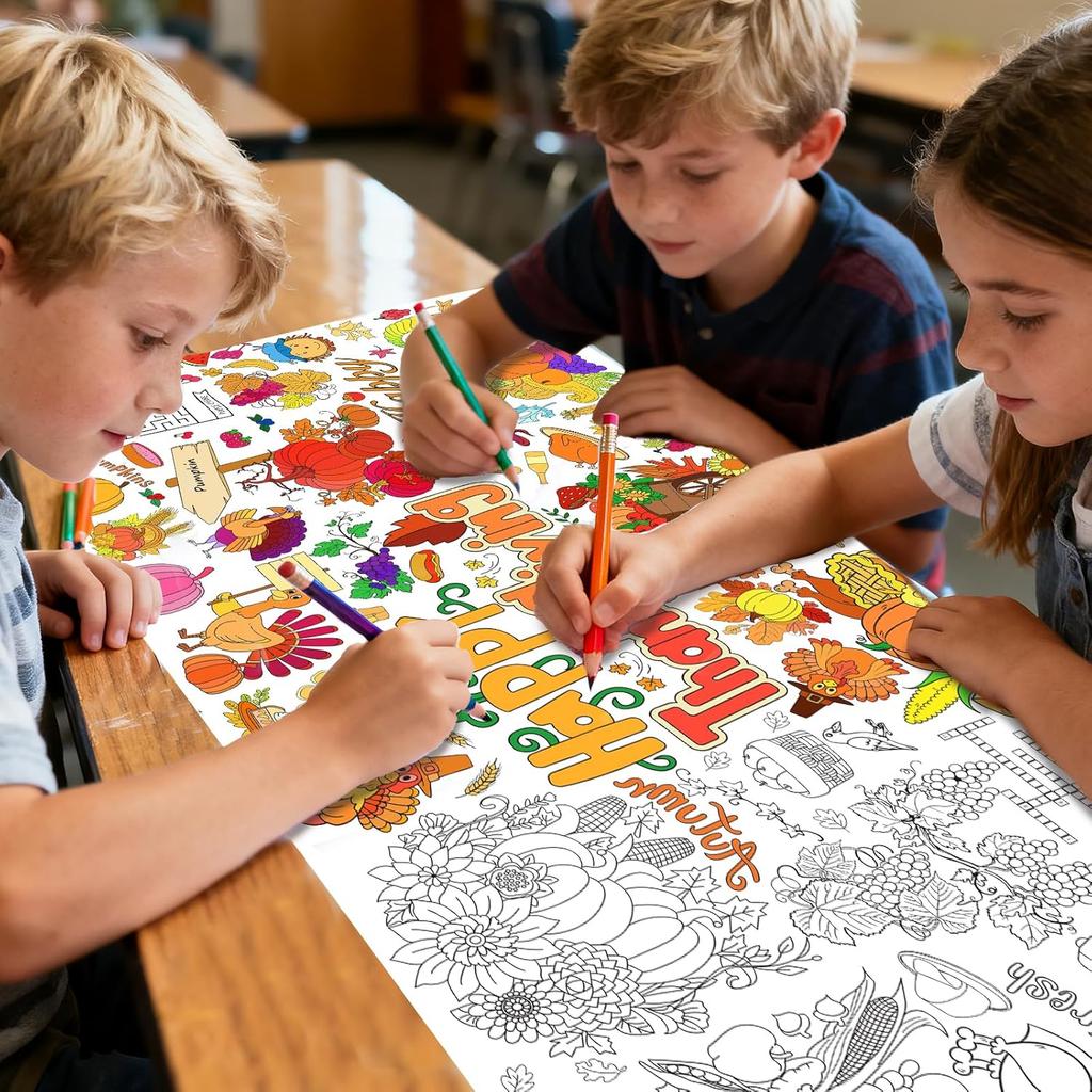 Thanksgiving Coloring Poster/Tablecloth,Giant Paper Thanksgiving Coloring Banner Games and Family Activities, for Thanks Giving Decorations,