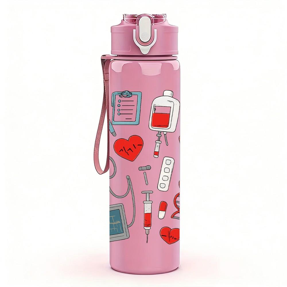 1PC Medical Tool Repeat Pattern 750ml Color Plastic Sports Water Bottle Leakproof Flip Straw Lid Suitable for Sports Office Home Use