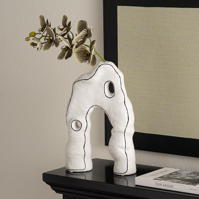 White Ceramic Vase Abstract Ornaments with Irregular Geometric Lines Flower Vase Flower Arrangement Accessories Home Decoration