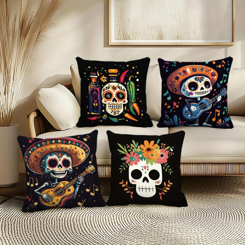 4 Stück Mexikanischer Tag der Toten Totenkopf Volkskunst Bunte Illustration Kissenbezüge, Festliche Dekorative Kissenbezüge für Zuhause