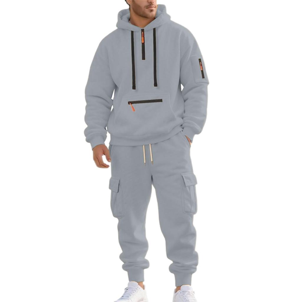 Men's Lined Cargo Hoodie and Jogger Pants 2-Piece Set with Zip-Up and Multiple Pockets for Casual Everyday Wear