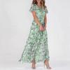 Spring new beach pendulum long dress chiffon floral short sleeve ruffle V-neck fashion waist even