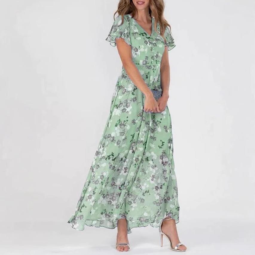Spring new beach pendulum long dress chiffon floral short sleeve ruffle V-neck fashion waist even