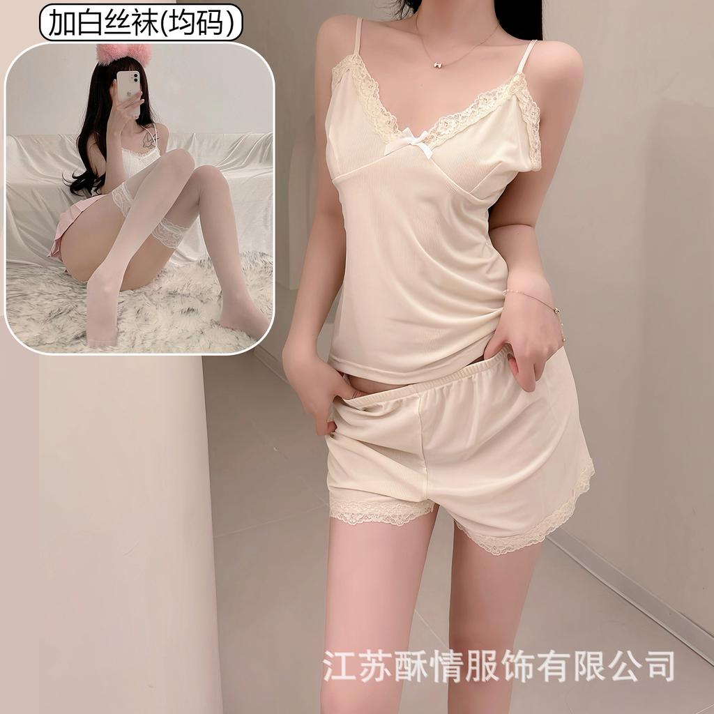 Crispy pajamas women's spring and summer girls' pure desire suspender shorts lace flower sexy pink loungewear set