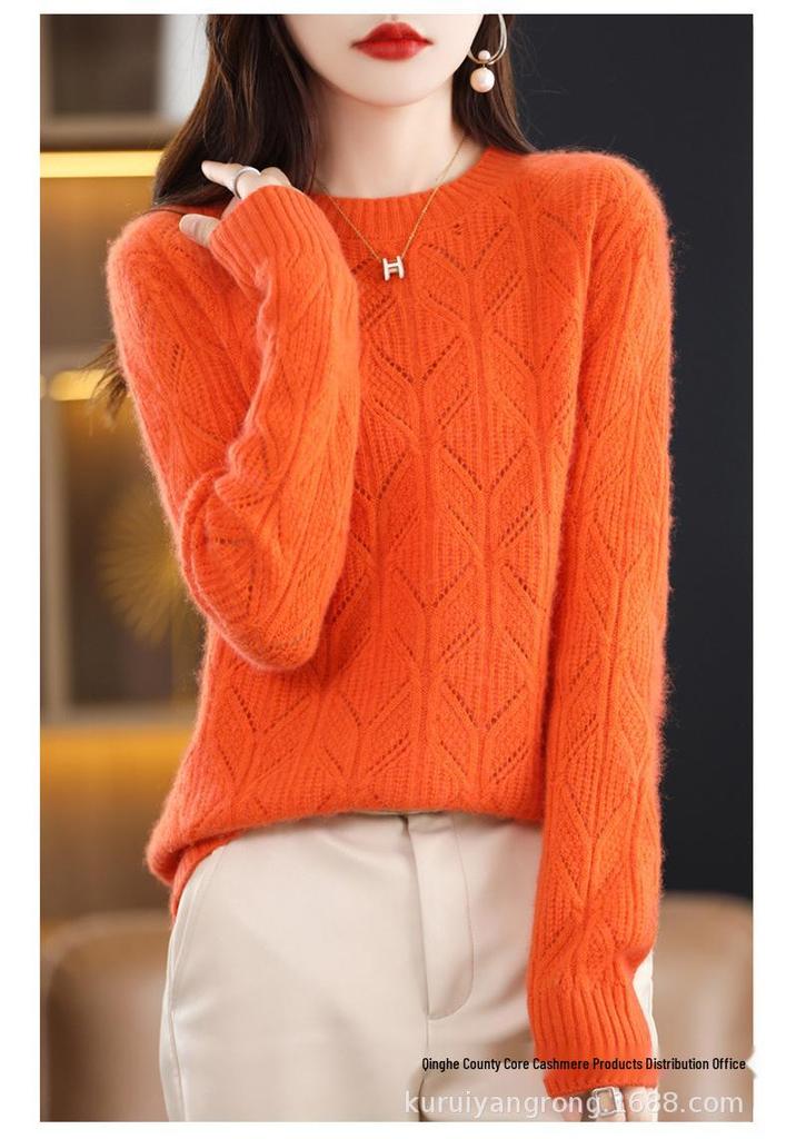 Women's Pure Wool Round Neck Sweater - Autumn/Winter 2026 Hollow Out Design Cashmere Knit Base Layer Shirt