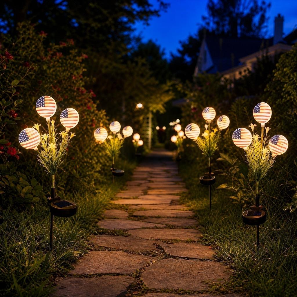 Solar Powered Outdoor Flag LED Garden Stake Light Waterproof Ground Spike with Three Flag Heads for Yard Pathway Decoration