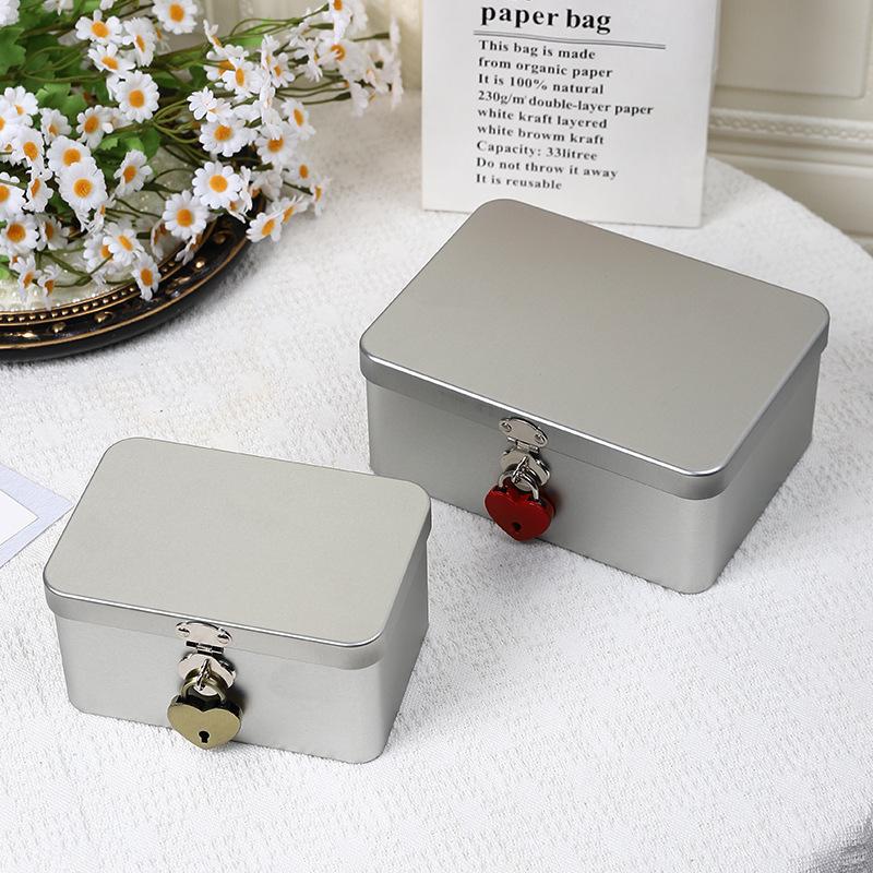 Silver Lockable Tin Storage Box Multifunctional Desktop Storage Box Metal Box Jewelry Storage Empty Box