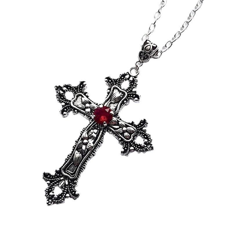 Gothic Cross Pendant Necklace With Flower Pattern Alloy Chain Jewelry For Party Wear