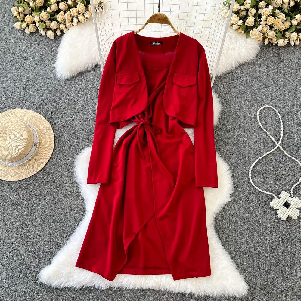Fashion Suit Female Casual High Waist Short Solid Color Suit Jacket Two-Piece Set Halter Slit Pull Rope Dress Autumn