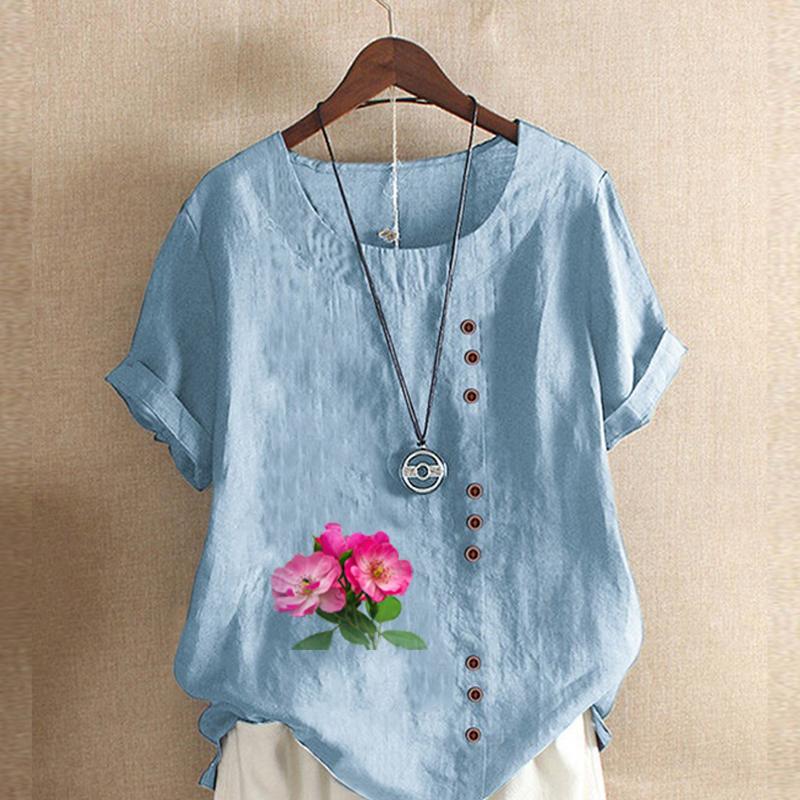 Women's Fashion Flowers Prined Round Neck Short Sleeve T-shirt Casual Cotton Linen Graphic Shirt Leisure Loose Summer Blouse Tops