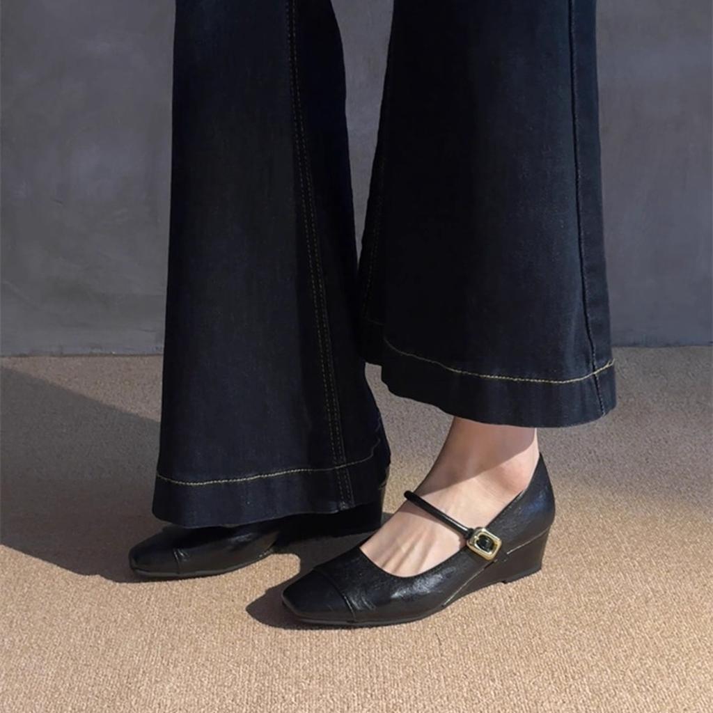 French wedge heel splicing square head Mary Jane shoes 2025 new high heels Korean version commuter shoes one word with single shoes women